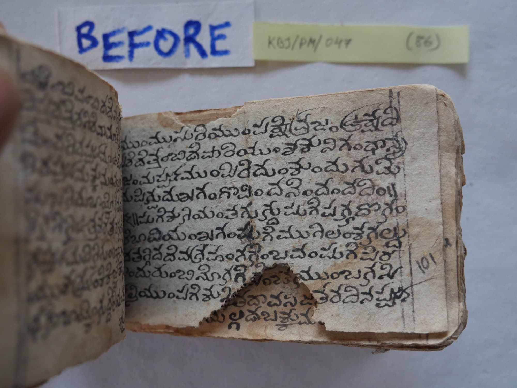 A damaged handwritten manuscript with a loss torn through its lower lines, photographed beside a slip marked BEFORE and an accession label reading KBJ/PM/047.
