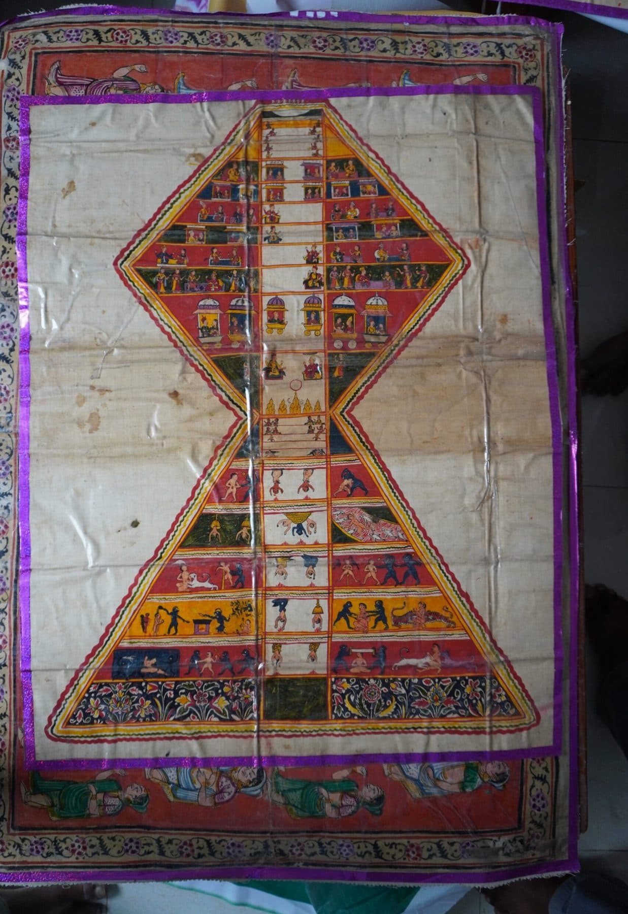 A painted diagram on cloth shaped like an hourglass, divided into tiers filled with small figures.