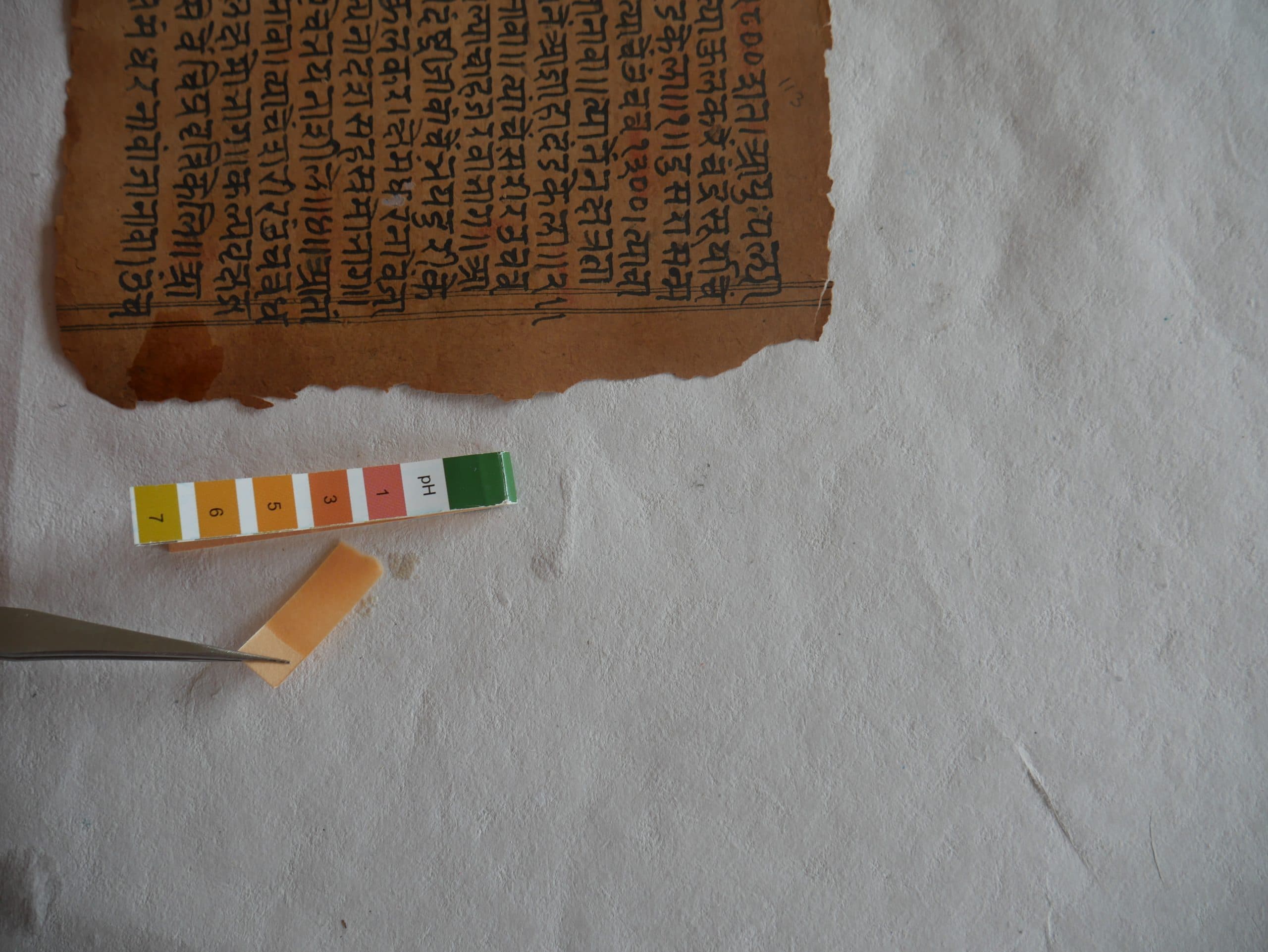 A handwritten Devanagari folio on blotting paper, beside a pH indicator strip held in tweezers.